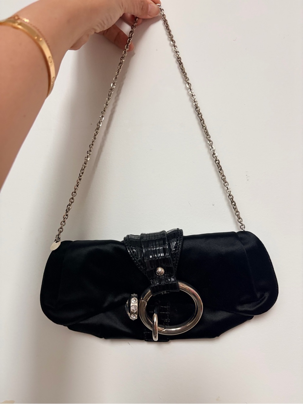 TODS Black Satin Ring-Accent Evening Clutch -